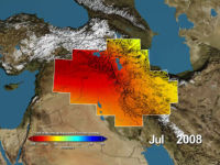  <p>Variations de stockage d'eau dans le bassin du Tigre et de l'Euphrate, du plus sec (rouge) au plus humide (bleu).<br class='manualbr' />(Image NASA/UC Irvine/NCAR)</p>