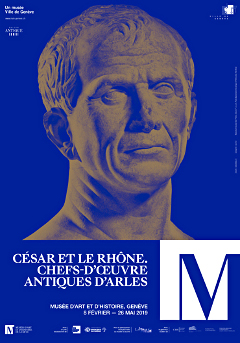  <p><small>L'affiche de l'exposition du MAH<br class='manualbr' />met en évidence<br class='manualbr' />le buste présumé de Jules César</small></p>