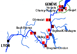  <p>Usines hydroélectriques (carrés rouges) et barrages (carrés bruns) sur le Rhône entre le Lac Léman et Lyon.</p>
