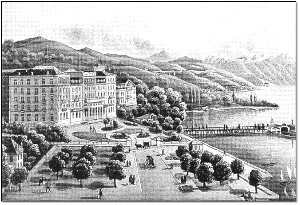  <p><small>L'Hôtel Beau-Rivage à<br class='manualbr' />Ouchy/Lausanne, vers 1880<br class='manualbr' /><i>(Reproduction d'aquarelle extraite de<br class='manualbr' />la présentation de Julie Lapointe Guigoz)</i></small></p>