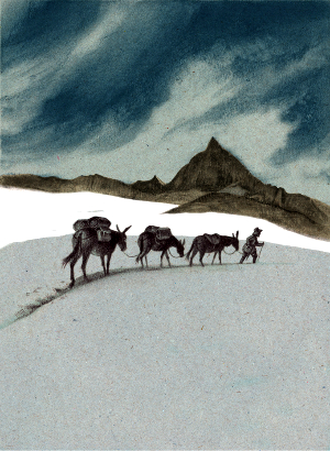  <p><small>Restitution graphique d'une traversée du glacier<br class='manualbr' />du Théodule à Zermatt au début du XVIIe siècle.<br class='manualbr' /><small>(© Musée d'histoire du Valais, Sion ; dessin Ambroise Héritier)</small></small></p>