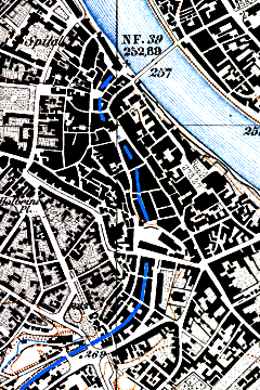  <p><small>Carte de Bâle vers 1880 : la Birsig passait <br class='manualbr' />par la Barfüsserplatz et la Marktplatz avant<br class='manualbr' />de rejoindre le Rhin près du Pont du Milieu <br class='manualbr' /><small><i>(© Atlas topographique de la Suisse / swisstopo)</i></small></small></p>